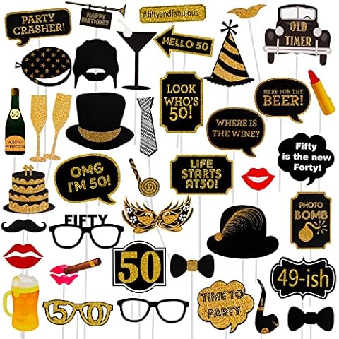 Adult 50th Birthday Photo Booth Props(41Pcs) for Her Him Cheers to 50 Years Birthday Party, Gold and Red Decorations, 50th Happy Birthday Party Supplies for Men Women Cover