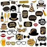 50th Birthday Photo Booth Props - 41 Pcs Black and Gold Funny Birthday Party Decorations for Men & Women, Fifty and Fabulous Anniversary Party Supplies,50th Printed Gold Glitter Selfie Props Kit