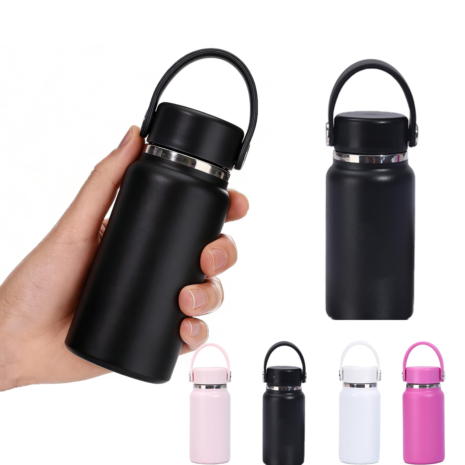 200ML Small Water Bottle, Small Drinks Bottle with Handle Lid and Carabiner, Leakproof Mini Hot Cold Drinks Bottle, Portable Reusable Thermal Cup for Travel, Office, Outdoor, BPA Free (Black)
