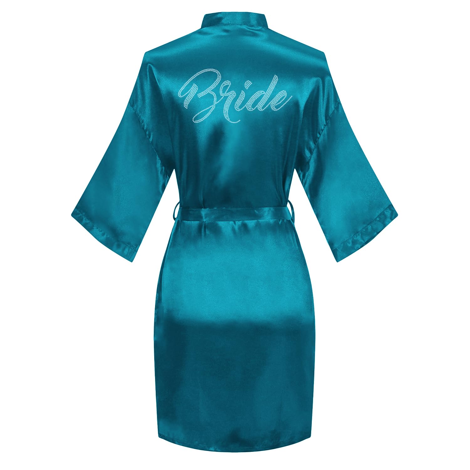 Women's Satin Robe Bride Bridesmaid Short Kimono Robes with Silver Rhinestones for Wedding Party Getting Ready
