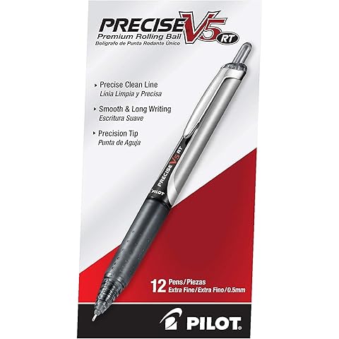 Pilot Precise V5 RT Refillable & Retractable Rollerball Pens, Extra Fine Point Pens 0.5 mm, Black, Pack of 12 - Ideal for School, Journaling & Office Writing
