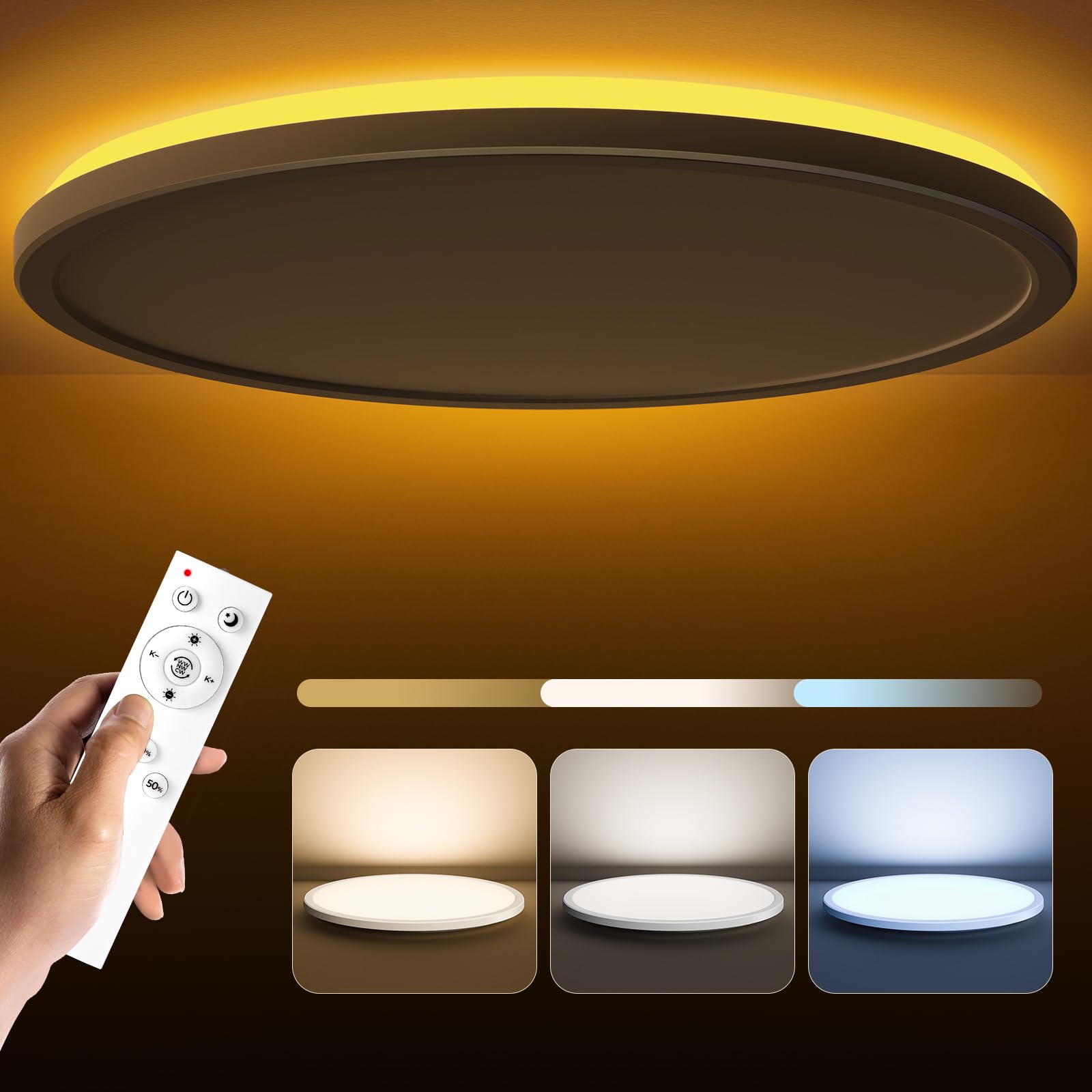 Matane LED Deckenleuchte Dimmbar, 36W Deckenlampe mit Fernbedienung, 2000K Nachtlicht Warm, Panel 3000K-6500K Dimmbar für Schlafzimmer Kinderzimmer Wohnzimmer, Groß Rund Weiß φ39x2.5cm