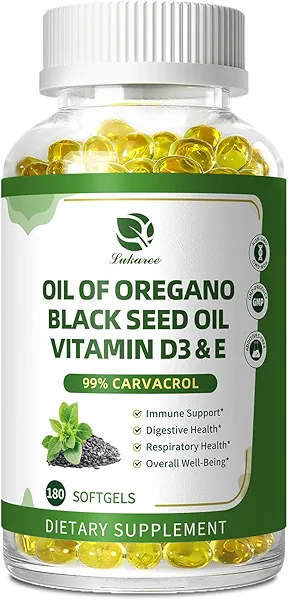 Oregano Oil Capsules Organic, 5-IN-1 with Black Seed Oil, Vitamins D3 & E, Black Pepper for Enhanced Absorption, 99% Carvacrol – Immune, Respiratory & Digestive*–180 Caps, 3 Months Supply, Non-GMO