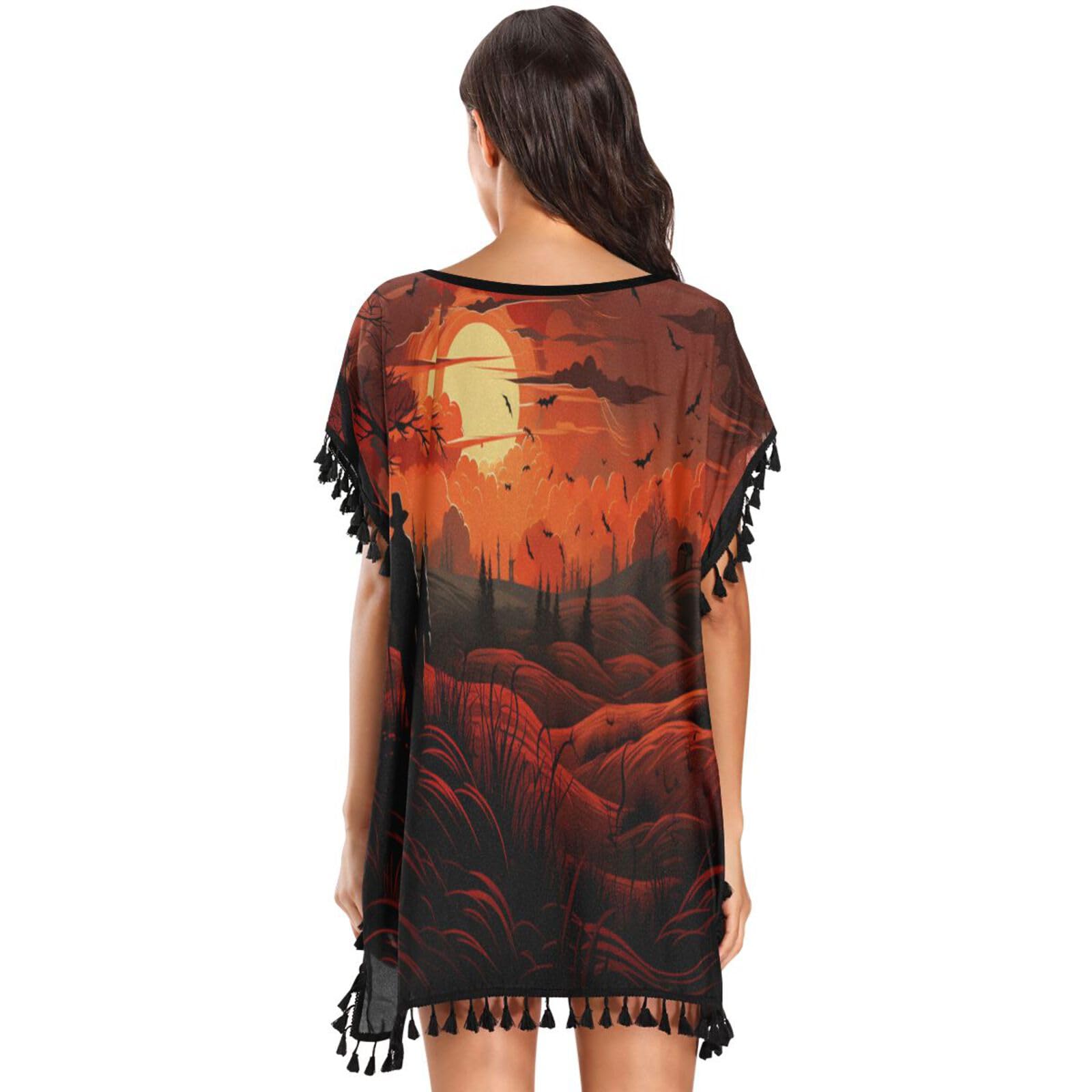 Autumn Halloween Sunset Women's Beach Cover Up Chiffon Tassel Swimwear Swimsuit Coverups for Girl