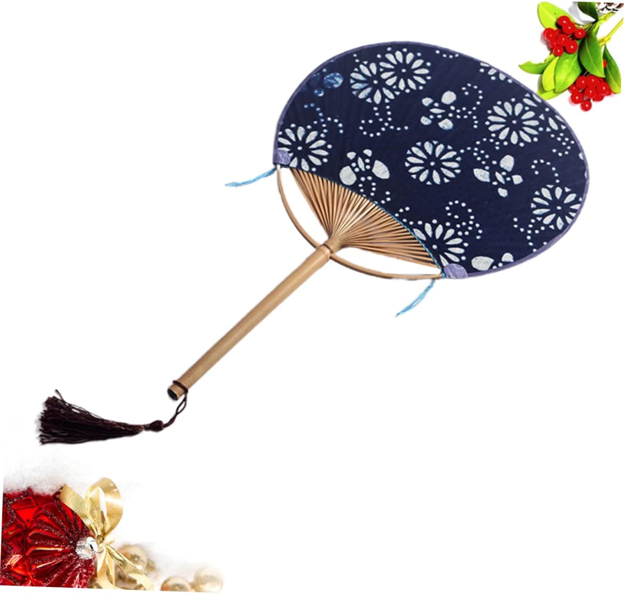 Chinese Style Circular Hand Fan, Bamboo Cloth Round Fan with Tassel