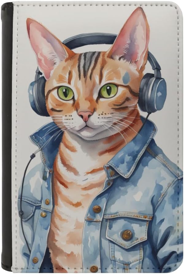 Cute Passport Wallet Holder Case Travel Gifts Ocicat Cat with Headphones in a Denim Jacket Funny Music Lover Kitten Design Leatherette Wallet with Pockets