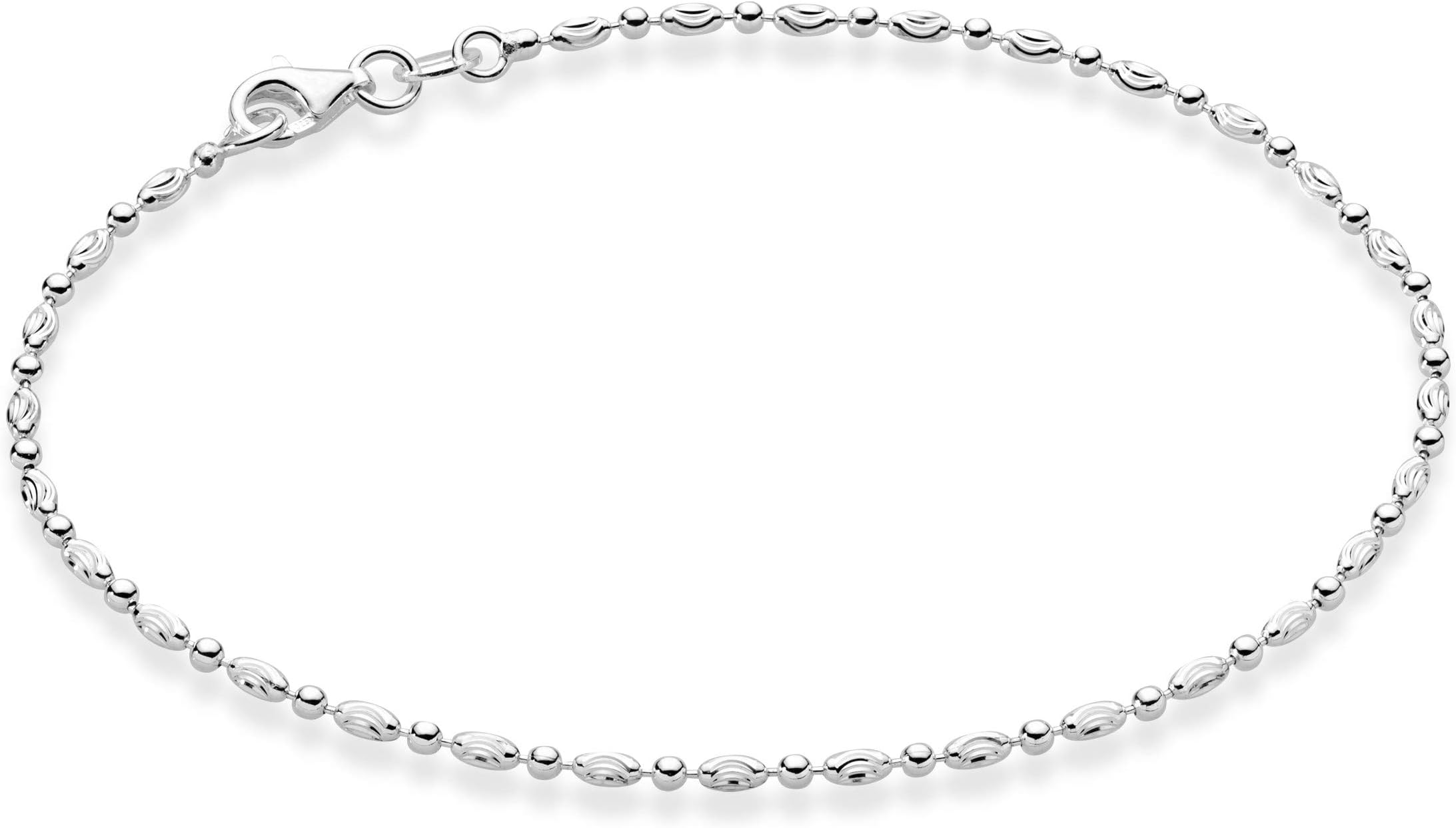 925 Sterling Silver Diamond-Cut Oval and Round Bead Ball Chain Anklet Ankle Bracelet for Women, Made in Italy