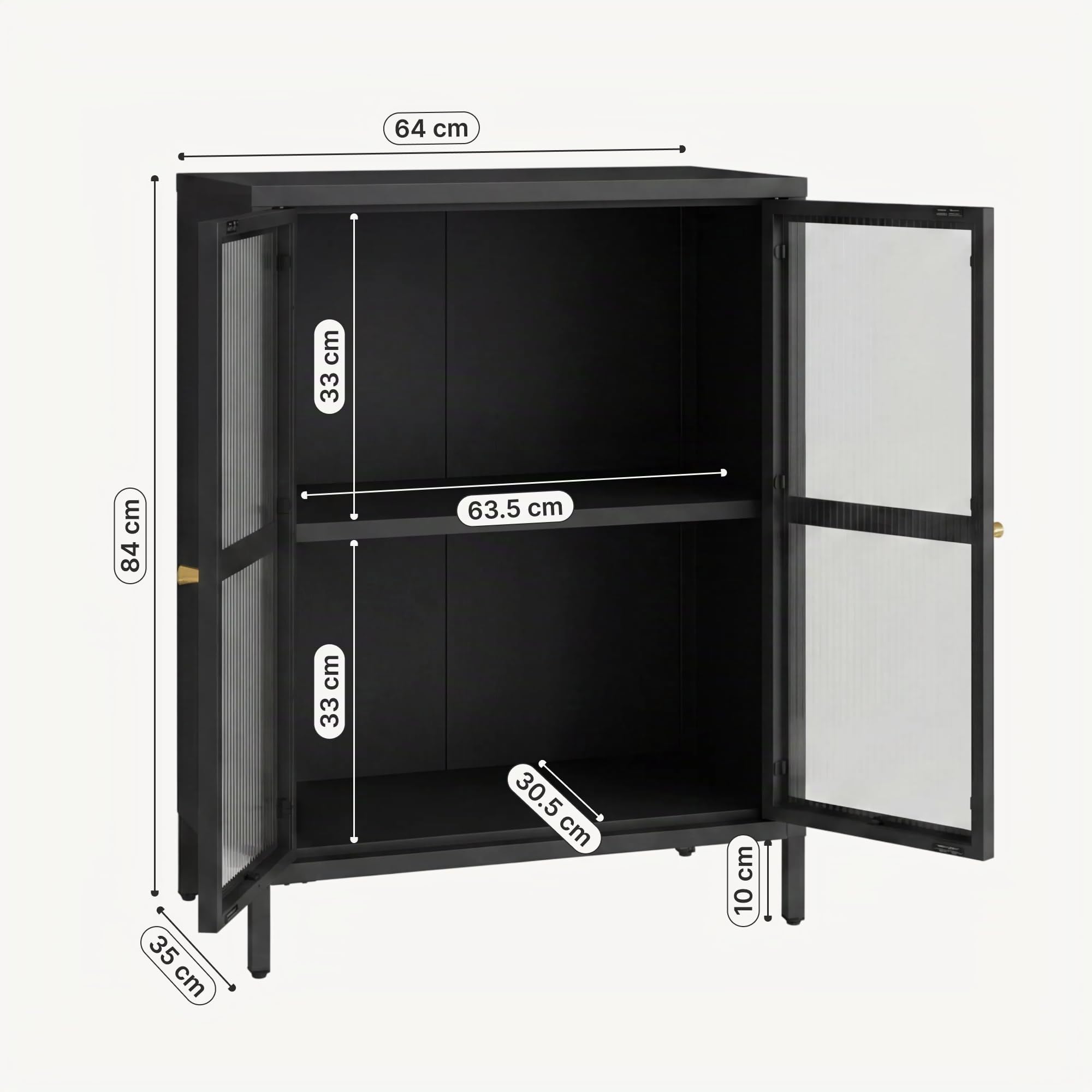 [en.casa] Aparador Säkylä Mueble de Salón con Compartimentos Mueble Auxiliar para Comedor Cocina con 2 Puertas de Vidrio Acanalado y Acero 84 x 64 x 35 cm - Negro