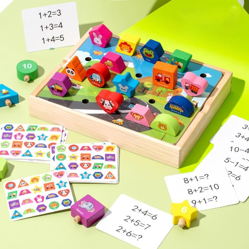 Image of HAPPY HUES Wooden Shape Matching Arithmetic Game - Montessori Peg Puzzle Sorting Board Preschool Learning, and Early Educational Development