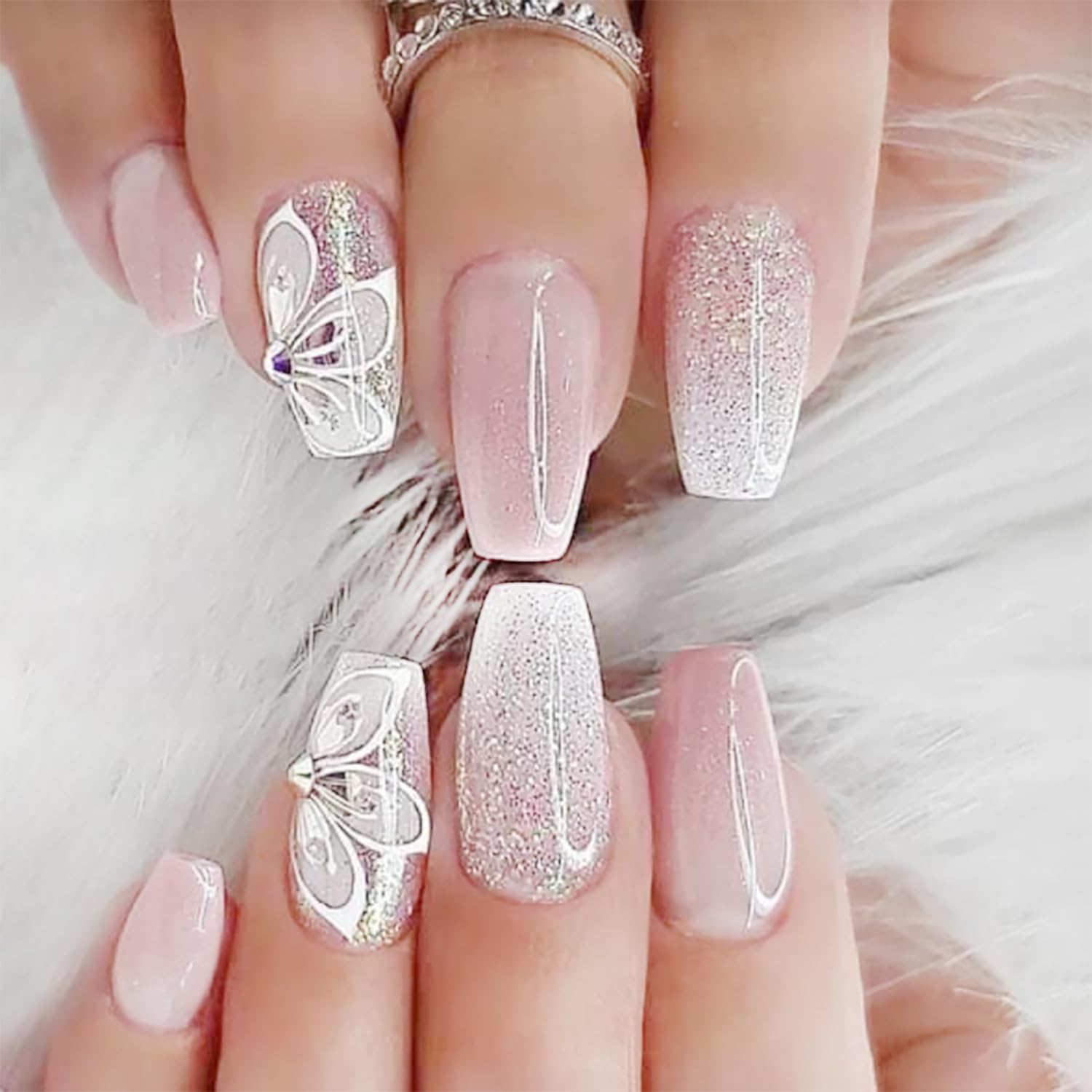 24 Press On Nails - French Tip, Flowers & Glitter -30 24 Press On Nails - French Tip, Flowers & Glitter -30