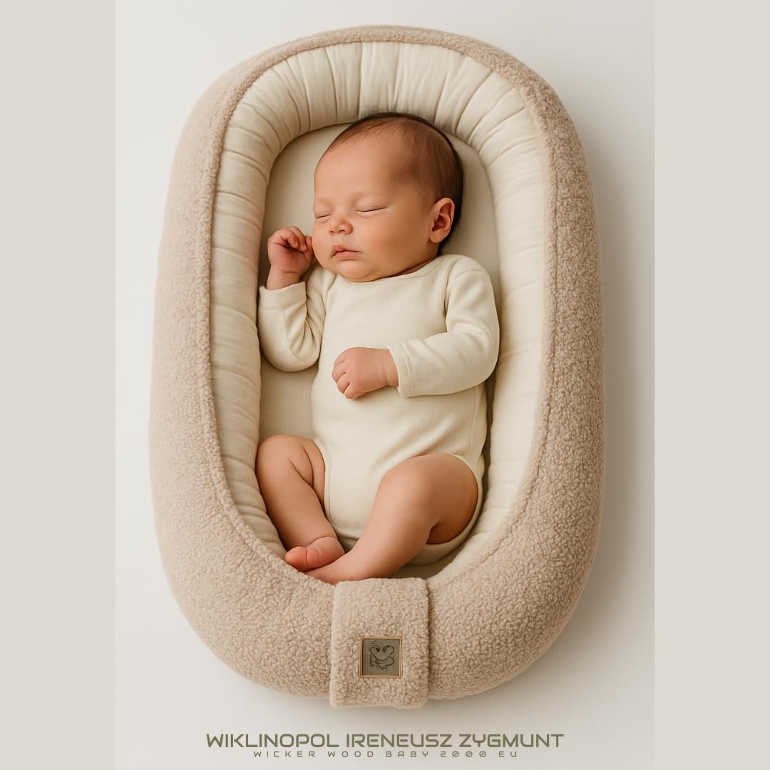 WIKLINOPOL Babynest, nido para recién nacidos – Baby Nest 80x46 cm en Beige, nido portátil de muselina y suave peluche Teddy – nido bebé para recién nacido con colchón extraíble