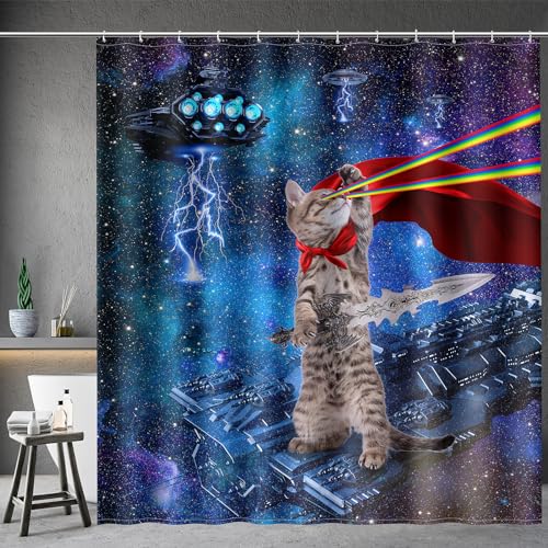 Image of Aimego Extra Long Shower Curtain - Funny Cute Cool Cat on Fantasy Outer Space Galaxy Universe UFO Fabric Cloth Shower Curtain Set with 12 Hooks Bathroom Decor Accessories Bathtub Curtain, 72 inchx84 inch