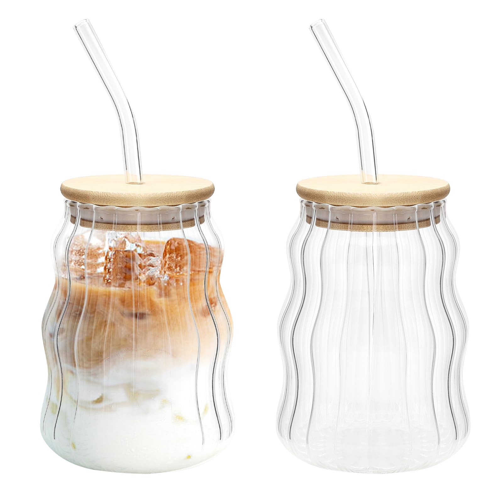 APOMOONS Set di 2 bicchieri con coperchio e cannuccia tazze in vetro a coste caffè ondulato con cannucce trasparenti ghiacciate per acqua, succo di caffè, birra latte