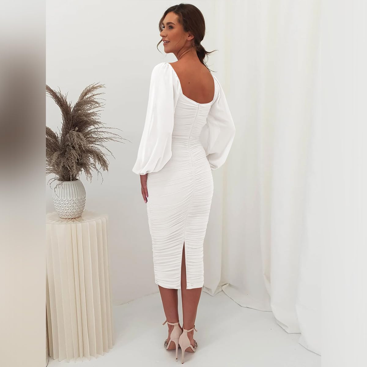Odizli Damen Elegant Mesh Langarm Bodycon Midikleid Festliche Hochzeit Partykleid