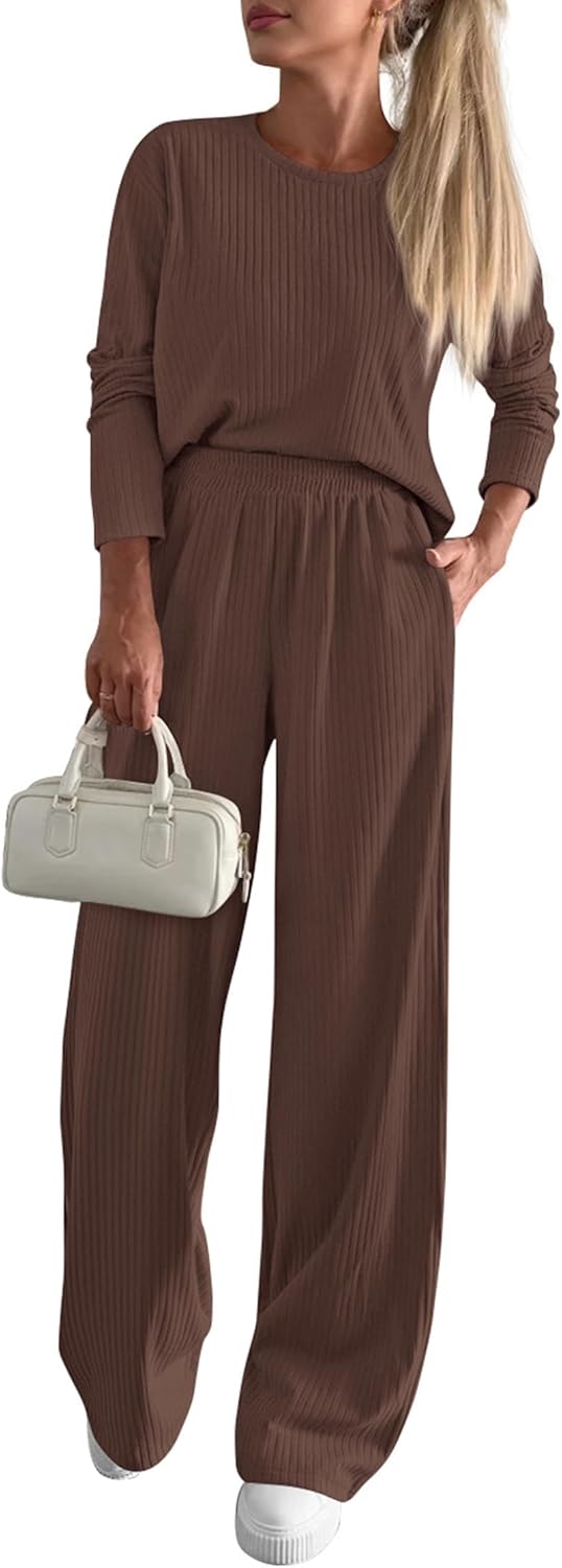KIRUNDO Fall 2 Piece Lounge Sets for Women Long Sleeve Ribbed Knit Tops Wide Leg Pants Matching Travel Outfits Postpartum