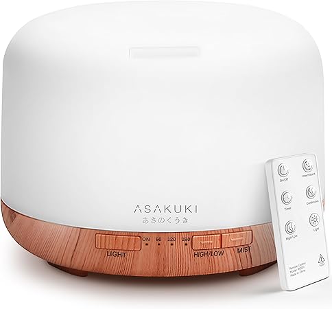 ASAKUKI Essential Oil Diffuser 500ml, Ultrasonic Aromatherapy Humidifier with Remote Control, 7 LED Colors, Timer & Auto-Off, Large Room Diffuser