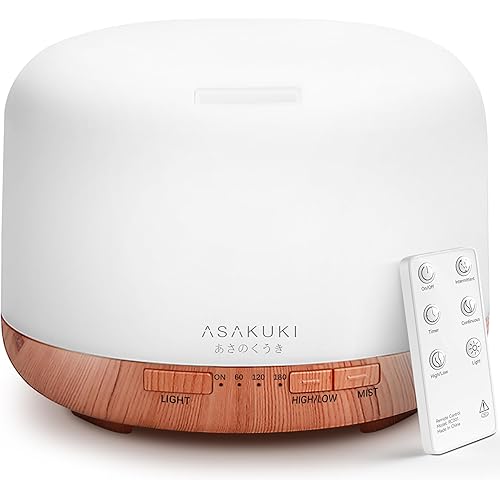 ASAKUKI Essential Oil Diffuser 500ml, Ultrasonic Aromatherapy Humidifier with Remote Control, 7 LED Colors, Timer & Auto-Off, Large Room Diffuser