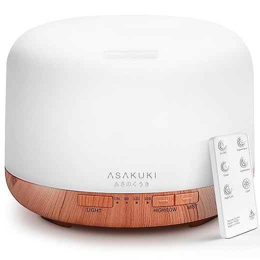 ASAKUKI Essential Oil Diffuser 500ml, Ultrasonic Aromatherapy Humidifier with Remote Control, 7 LED Colors, Timer & Auto-Off, Large Room Diffuser