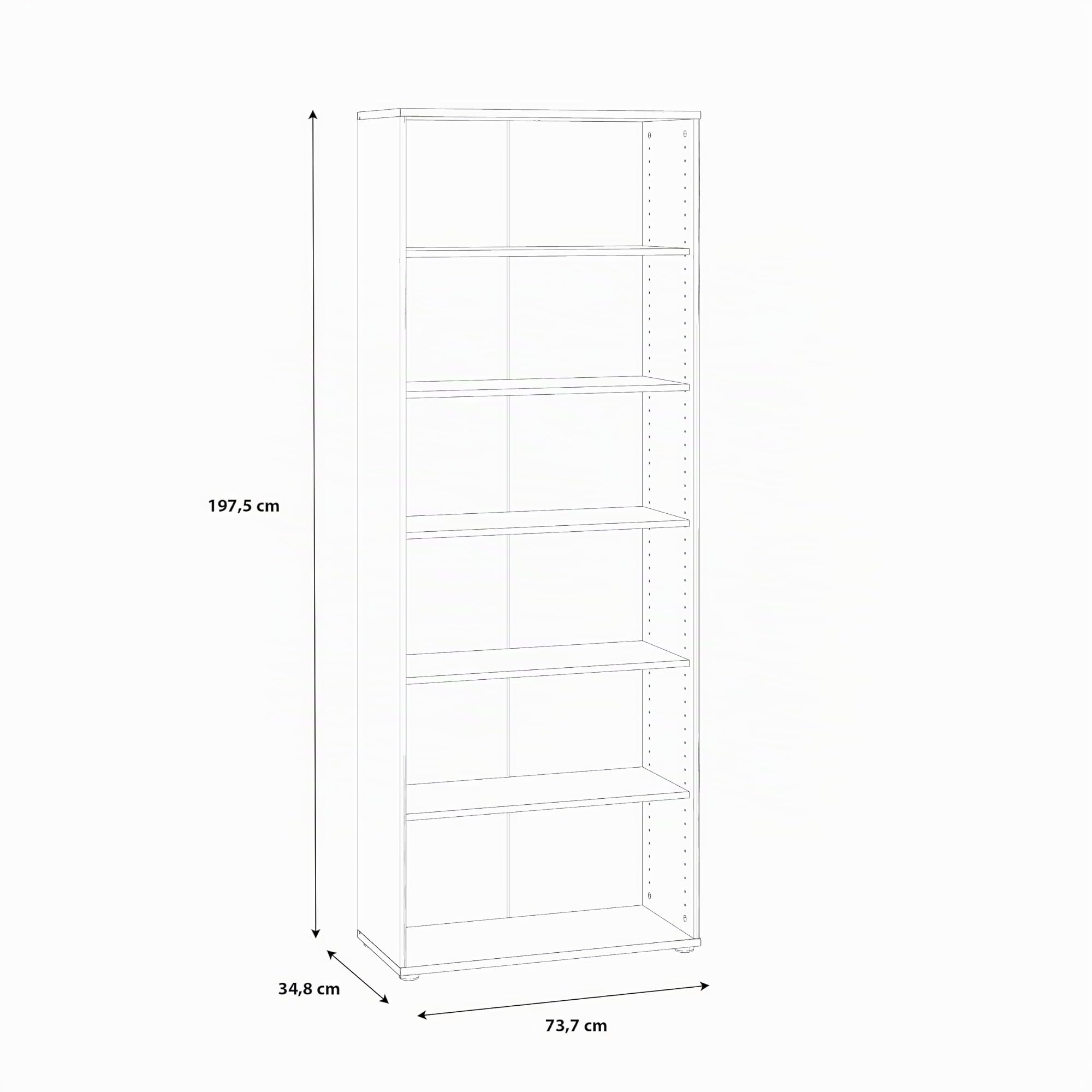 Forte TEMPRA 2 modernes Bücherregal 70 80, Regal mit 5 Einlegeböden, Standregal Büro, weißes Regal, Jugendzimmer, Kinderzimmer, Holzwerkstoff, Weiß, 73,7 cm breit x 197,5 cm hoch x 34,8 cm tief