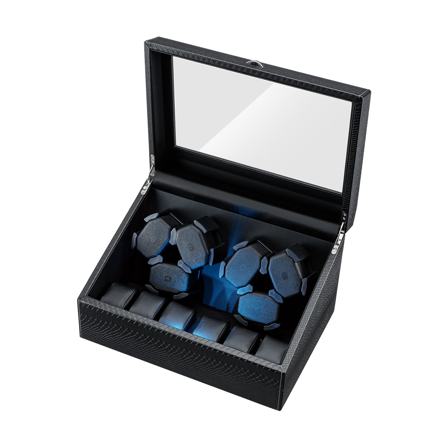 Mcbazel Boîte à Montres Automatique Ultra Silencieuse avec Lumière LED, Boîte de Rangement Luxe pour 6 Montres avec 5 Modes de Rotation et 6 Positions de Rangement Supplémentaires