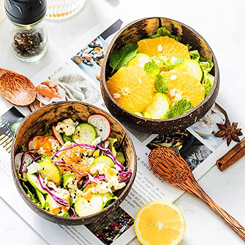 Coconut Bowls And Wooden Spoons Set - 4 Sets Of Natural, Vegan & Organic Bowls, Perfect For Salads Fruit Smoothie Pasta Acai With Reusable Spoons, Brown #TOP3