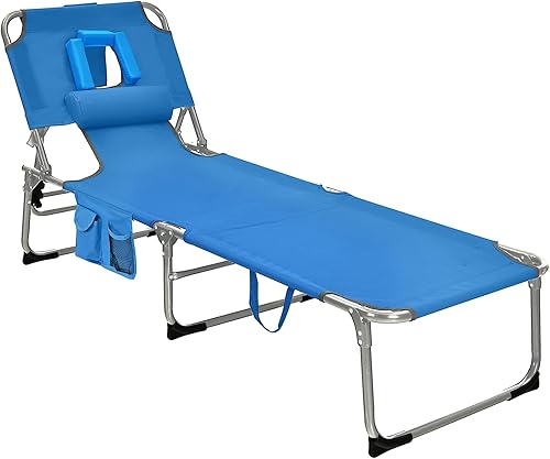 GYMAX Silla bronceadora, tumbona de playa plegable con agujero para el brazo facial, respaldo ajustable, bolsillo lateral, almohada y asa de
