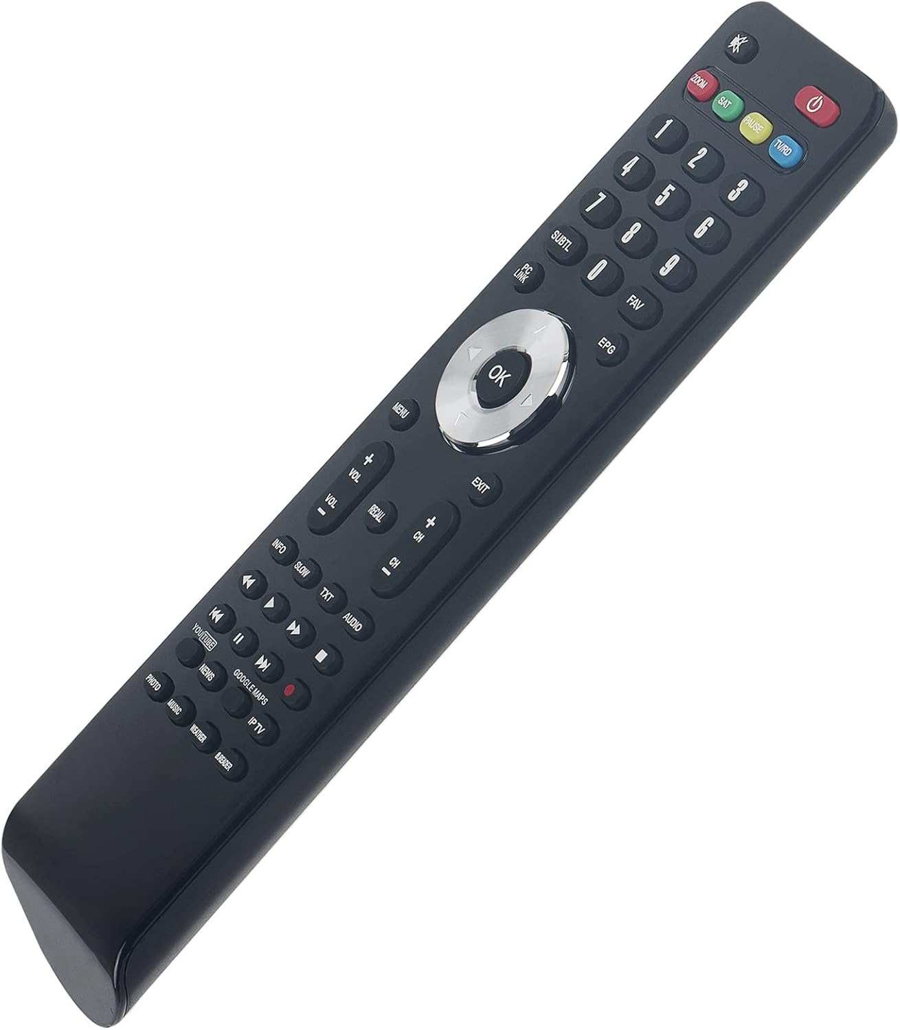 Front view of the AULCMEET remote control, showing all buttons and their labels.