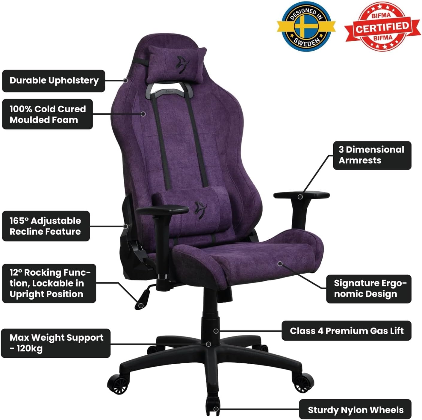 Arozzi Torretta Gaming Chair - Soft Fabric Ergonomic Gaming Chairs for Adults Adjustable Backrest with Neck & Lumbar Pillows - Swedish Design Home Office Setup Professional Computer Chairs, Purple