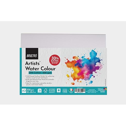 BRUSTRO Watercolour Paper 300 GSM A3 Pack of 12