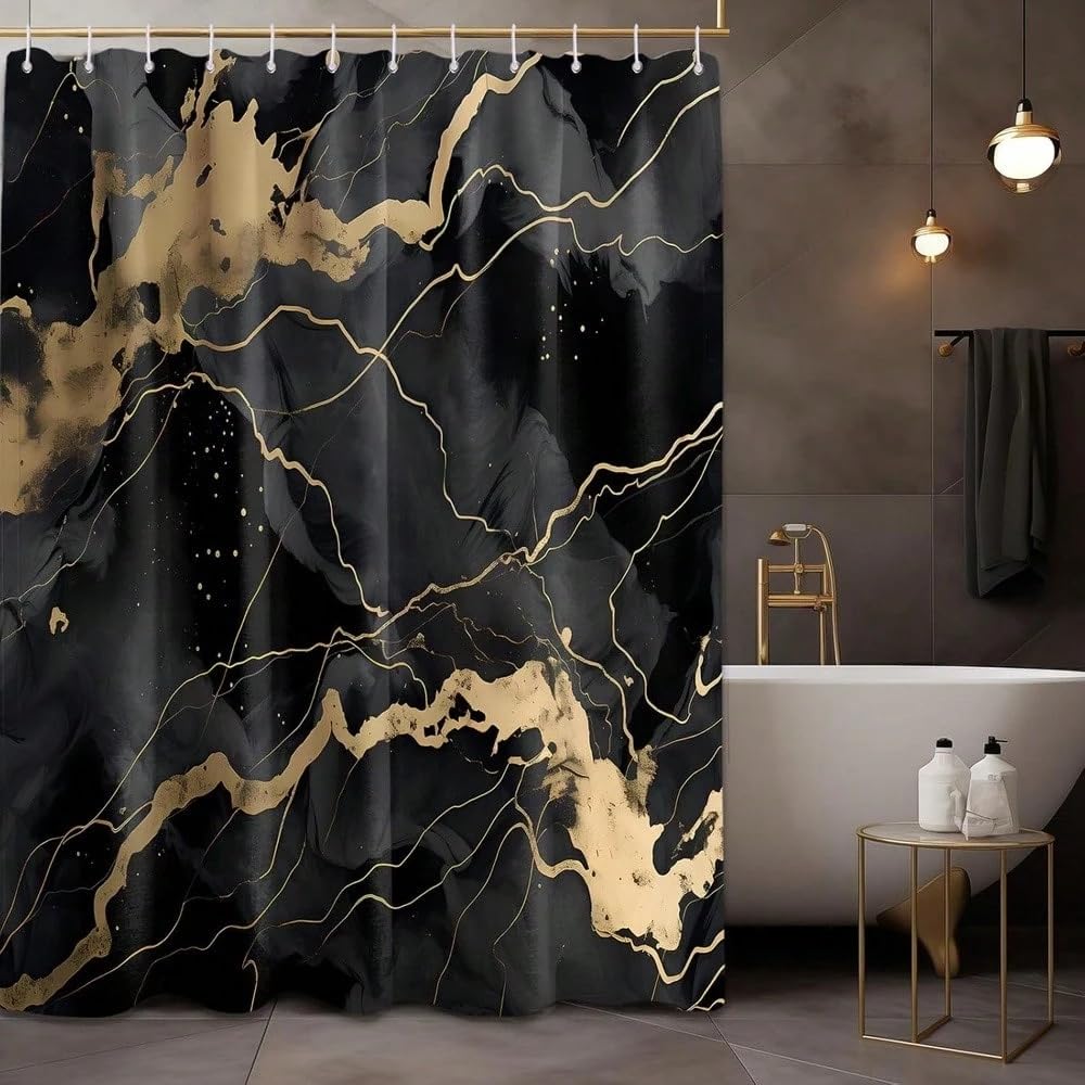 GLKSDLPO Marble Black And Gold Shower Curtain, Abstract Shower Curtains For Bathroom Decor Crack Mens Bath Curtain For Bathroom(180x240cm/71x94in(WxH)