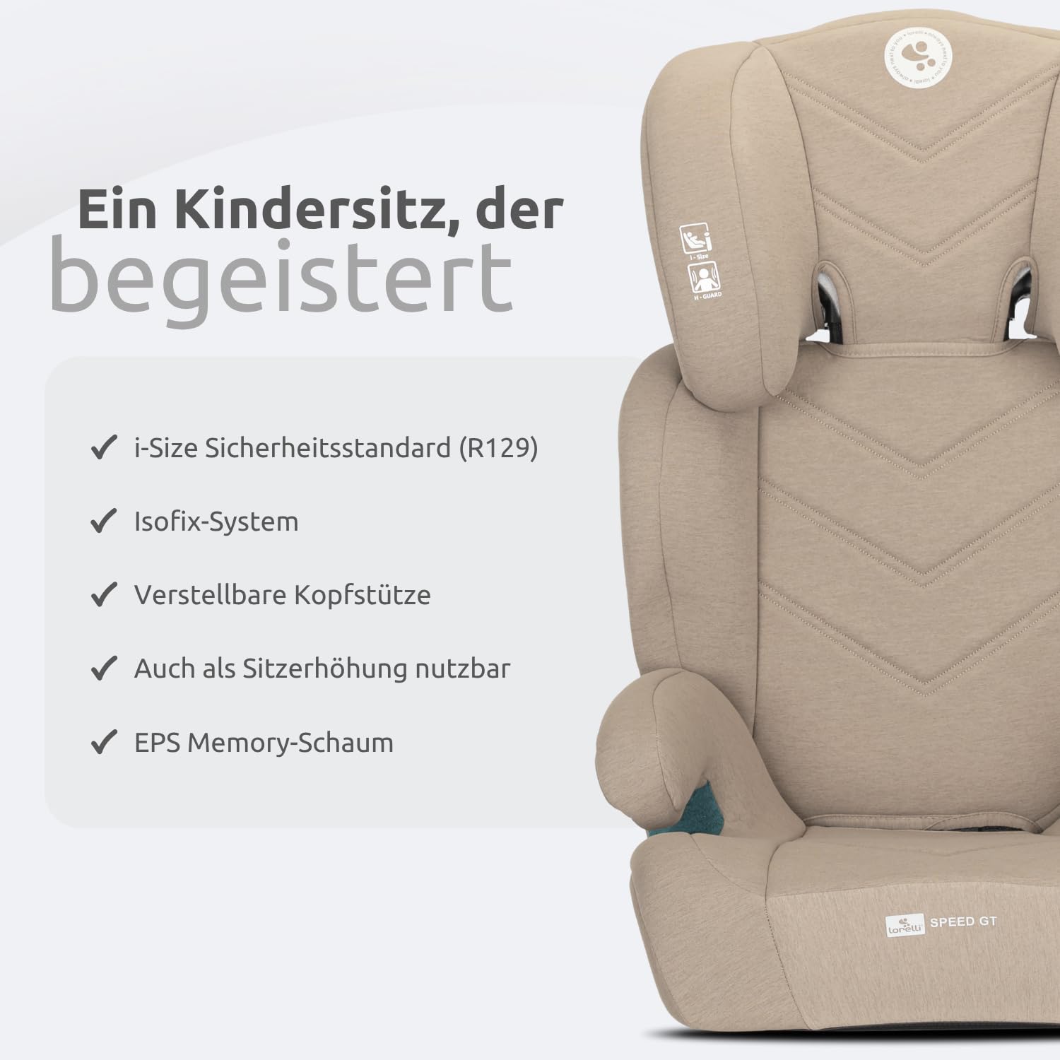 Lorelli Auto Kindersitz GT Speed mit Isofix, i-Size 100-150 cm, Mitwachsender Autositz für Kinder, Babysitz, Autokindersitz, Verstellbare Kopfstütze, Beige