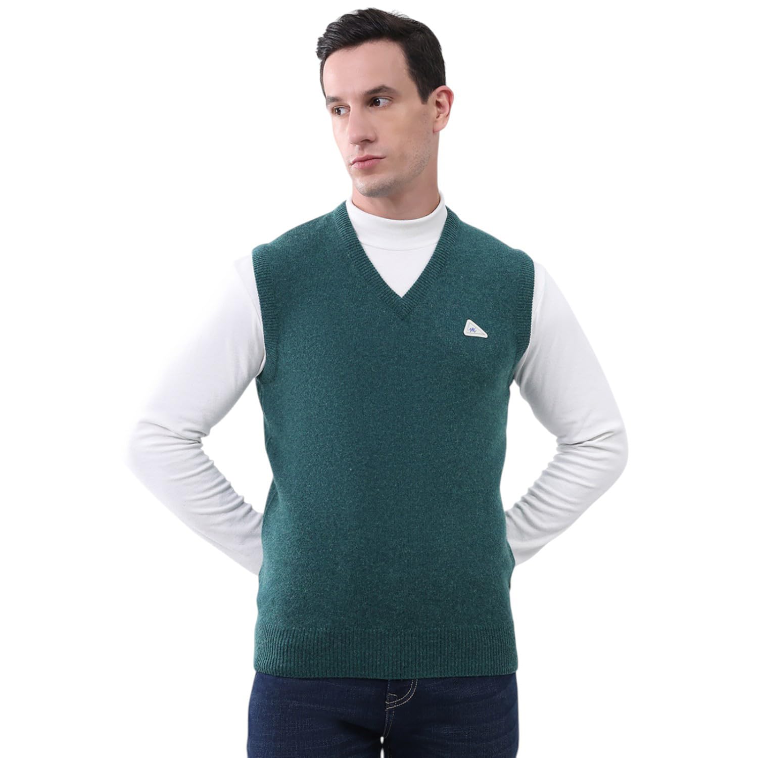 Men Regular Fit V Neck Solid Pull On Closure Sleeveless Sweater | Warm Layering Vest | Casual Winter Knitwear | Stylish Sleeveless Sweater | Winter Sweater for Men's Green XL (Pack of-1)