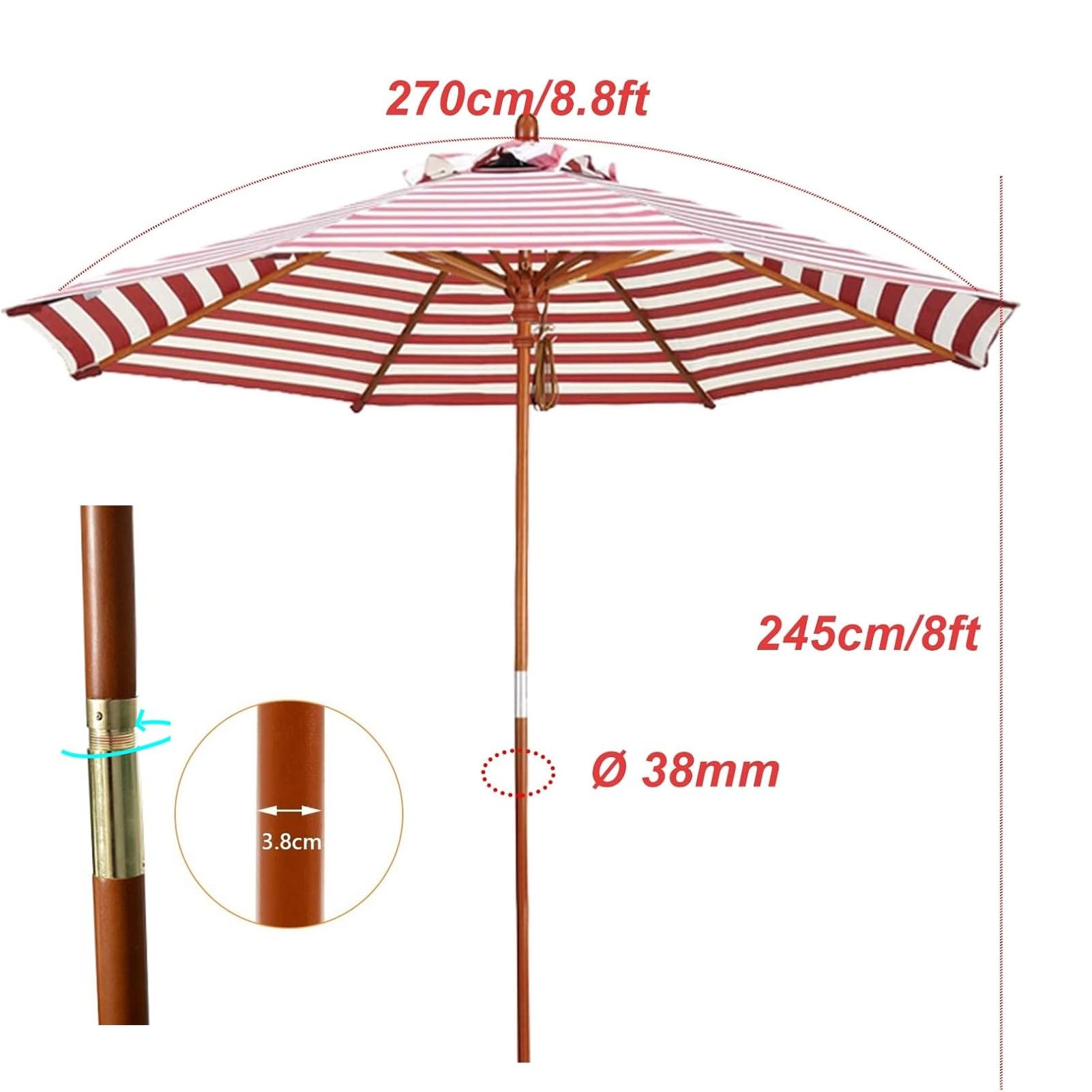 Drewniany parasol ogrodowy 270cm, Czerwony, paskowany parasol ogrodowy, Parasol zewnętrzny z ochroną UV50+, Drążek 38 mm