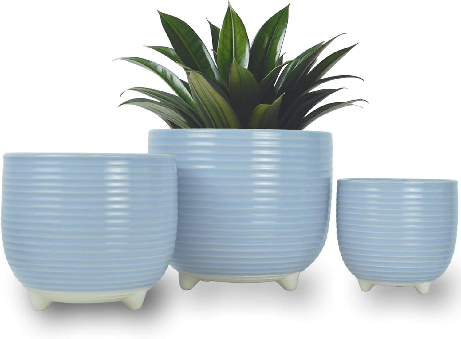 Ceramic Plant Pots 8+6+5 Inch with Drainage Holes and Breathable Drainage Mesh Set of 3 Modern Flower Pots for Indoor Plants, Outdoor Garden Planters for Lilies, Cacti, and Succulents( Frost Blue)