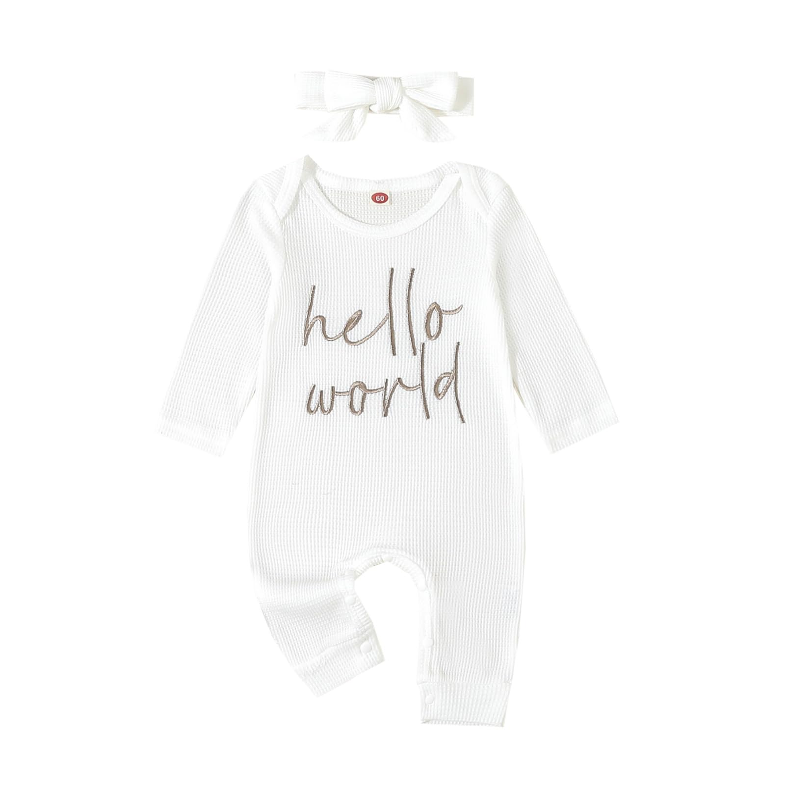 aporake Baby Newborn Clothes for Girls Hello World Infant Waffle Knit Romper Long Sleeve Bodysuit Jumpsuit Coming Home Outfit (White, 0-3 Months)