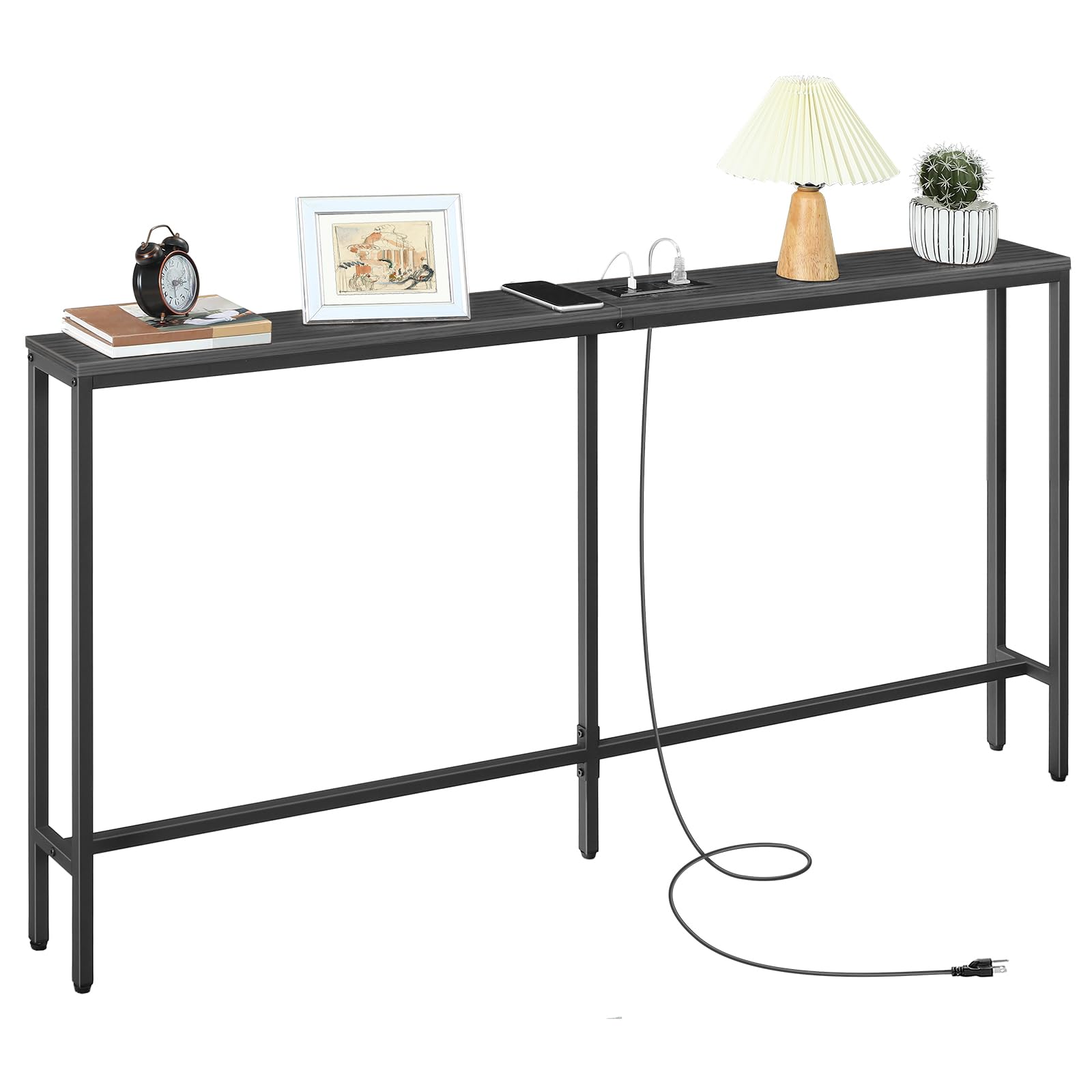 MAHANCRIS Skinny Console Table with Power Outlets, 160 cm Narrow Sofa Table, Behind Couch Table with Charging Station for Plants, Living Room, Black ACTBK165KE01