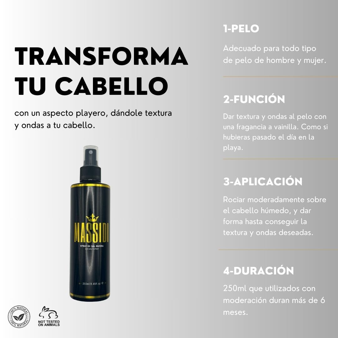 Massidi Sea Salt Spray 250ml - Texturizante y Ondulante para el Pelo Hombre Mujer