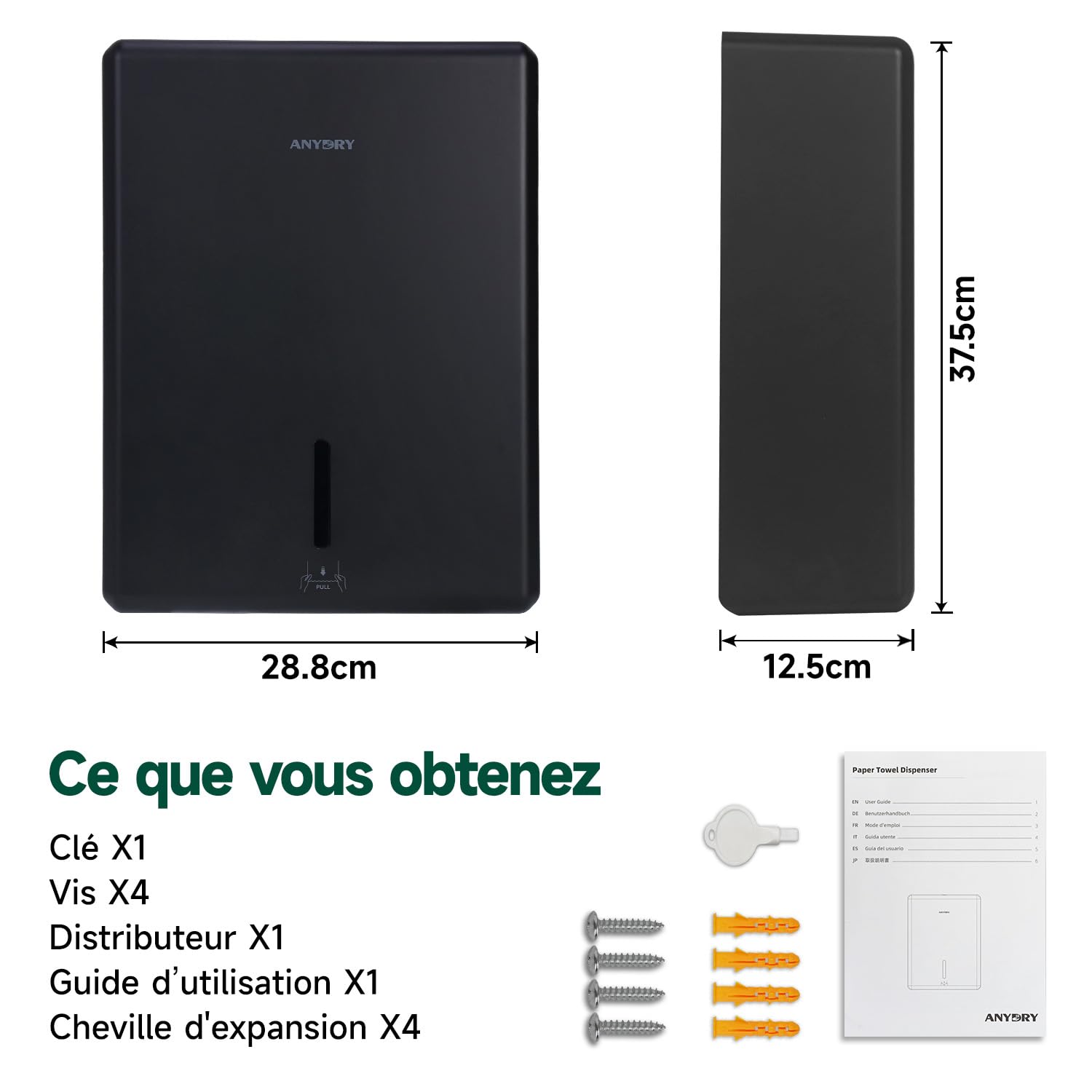 anydry Distributeur d'Essuie-Mains Mural, Pliage H3/V/ZZ, Taille Pliée Max 25,2 x 11,5 cm, Modèle 5302H, Noir