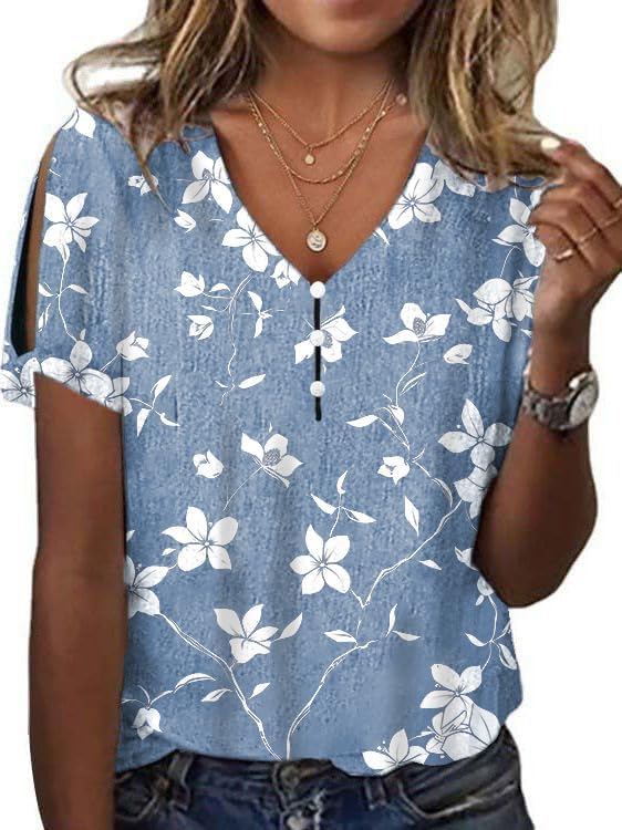 Boho Women Tops Floral Printed Blouses Casual Flowy Cold Shoulder Pleated Shirt Loo...