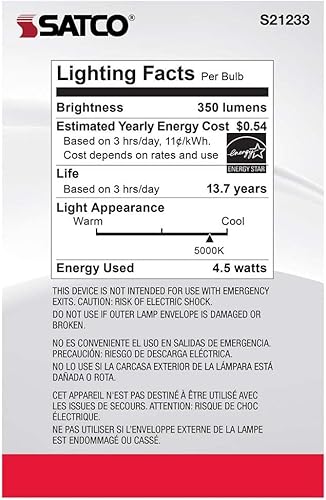 Miniatura 6 de Satco S2123306 - Bombillas LED E26 de 4.5 W, 5000 K, clasificación de 15000 horas, regulables, paquete de 6