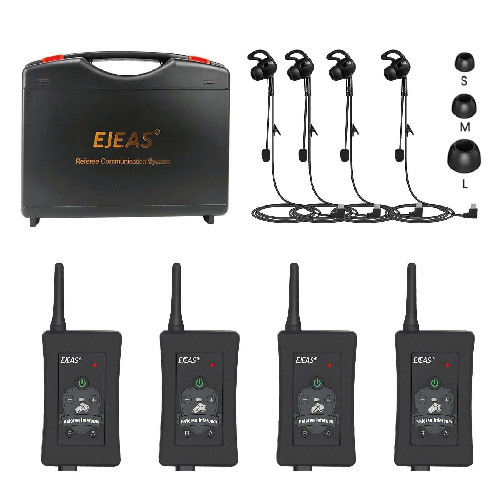 EJEAS FBIM Professionelles Fußball Schiedsrichter Bluetooth Intercom Headset Kommunikationssystem mit CVC-Rauschunterdrückung und Box Handtasche für 4 Schiedsrichter Intercom (4 Packung)