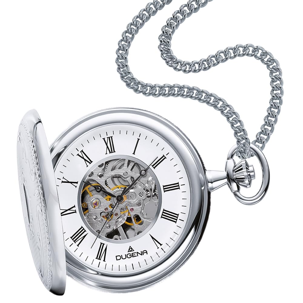 DUGENA Taschenuhr für Herren – Mechanische Uhr mit Handaufzug, Edelstahlgehäuse & Kette – Klassische Kettenuhr im Vintage-Stil, Modell 4460637-1, inspiriert von traditioneller Uhrmacherkunst