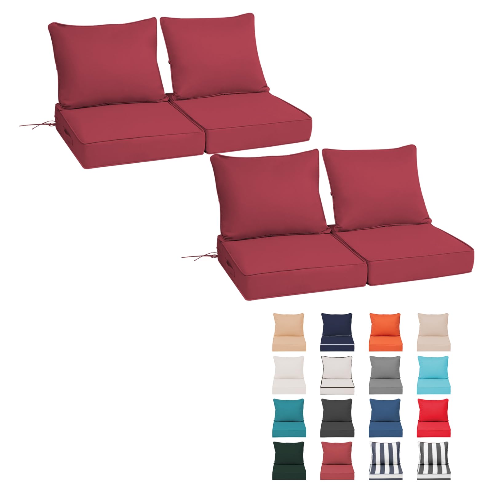 outdoor chair cushions 2 set, 22 x 22 x 4in, patio deep seat cushion for patio furniture, waterproof & fade resistant thick deep seating pads for outside wicker ratten chair sofa couch,burgundy