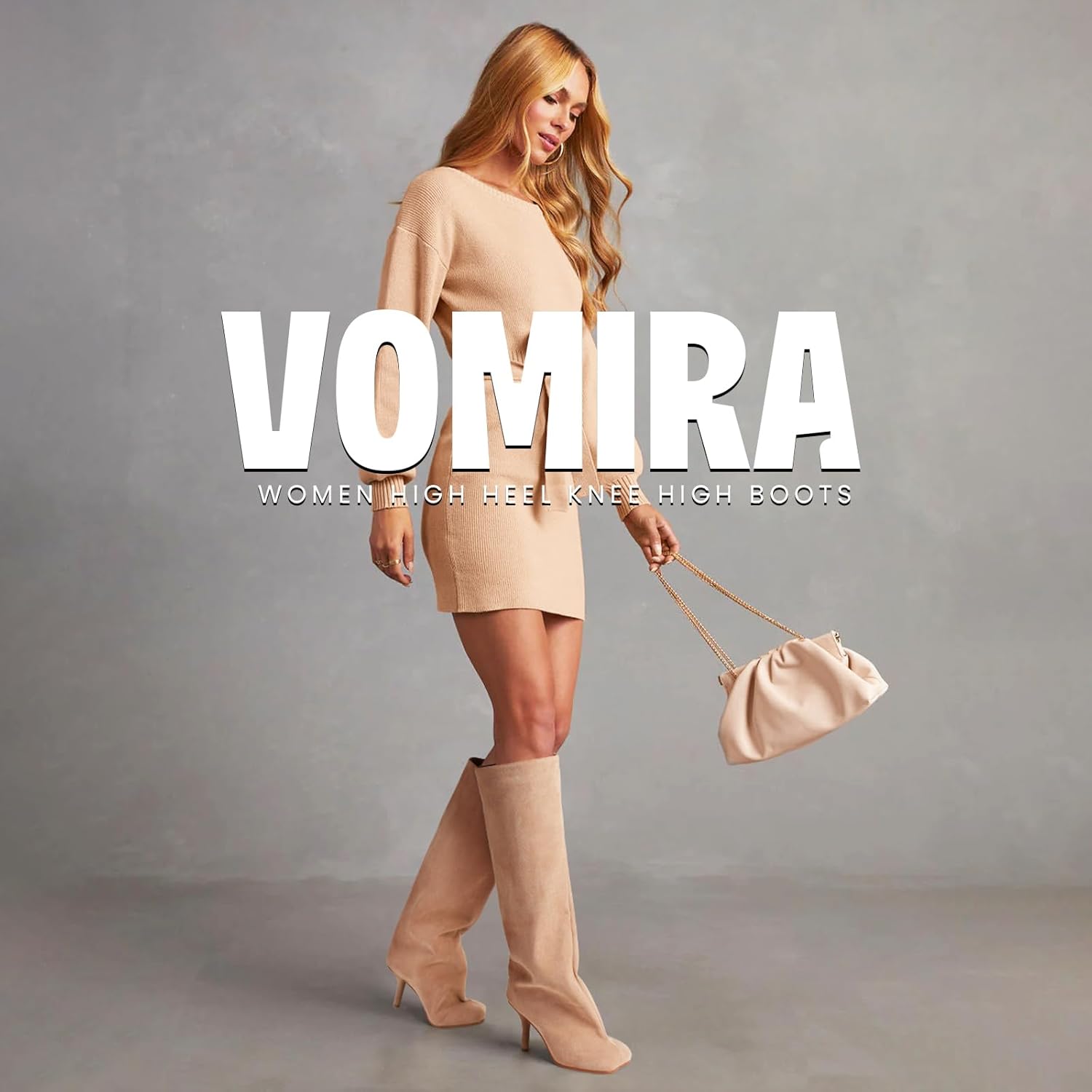 VOMIRA Women's Knee High Nude Suede Wide Calf Square Toe Stiletto Fall Winter Pull On High Heel Long Ladies Fashion Dress Tall Slouchy Boots - Image 5