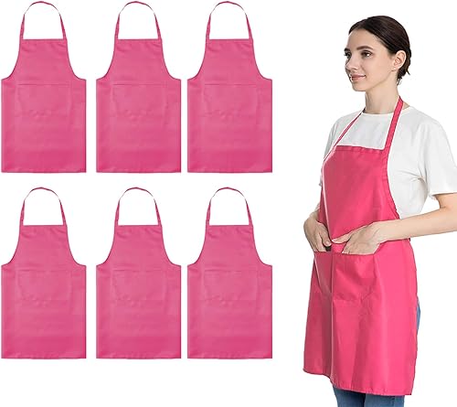 LOYHUANG Delantal rosa de 6 piezas para mujeres adultas, unisex, duradero, con 2 bolsillos frontales, lavable, para cocinar, hornear, cocina,