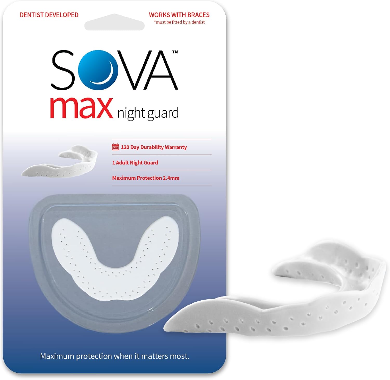 SOVA Max Night Guard - 2.4mm Thin - Custom-Molded Fit - Protects Against Nighttime Teeth Grinding & Clenching - Odor & Taste Free - Remoldable Up to 20 Times - Non Toxic