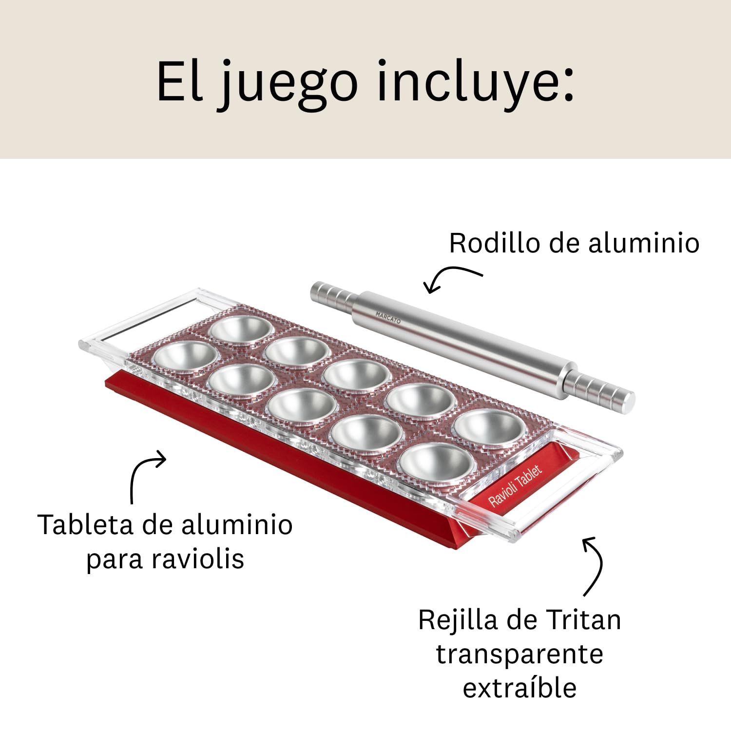 Molde para Raviolis Marcato, Máquina para Raviolis, Formas para Raviolis Caseros, Corte Cuadrado de 50 mm, Mattarello de Aluminio Incluido. Modelo: Ravioli Tablet, Rojo.