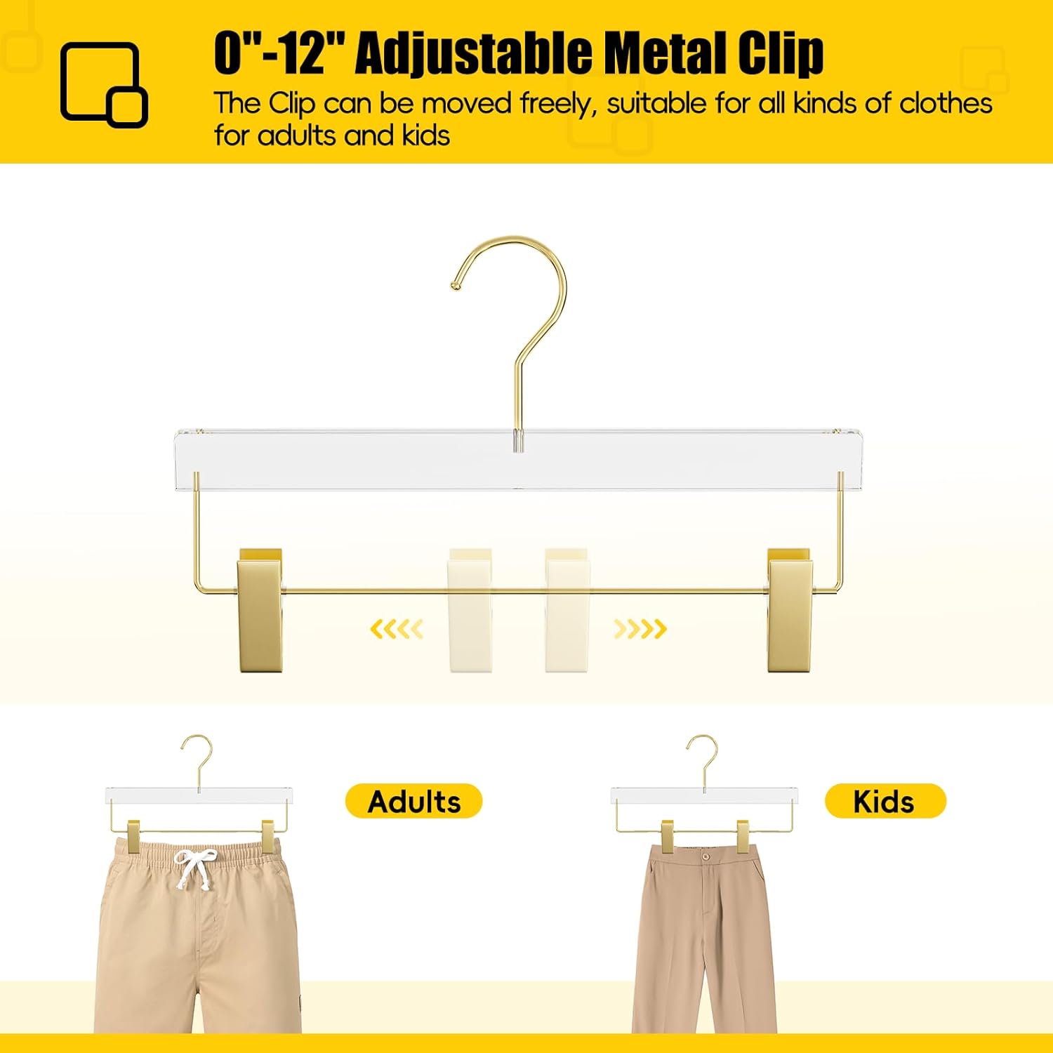 10 Pack Gold Acrylic Hangers, Clear Pants Hangers with Adjustable Non-Slip Clips for Coat, Skirts, Adults & Kids, Clothing Closet Storage - Image 5
