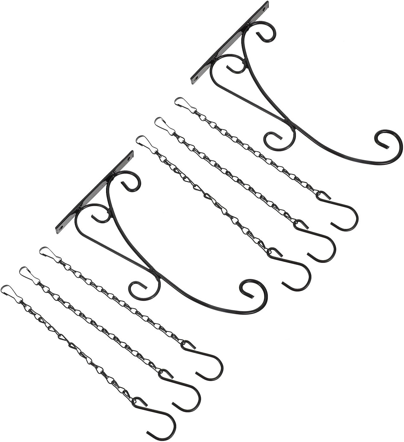 Outdoor Plant Hanger Brackets with Screw Mount, 2pcs Metal Wall Hooks Set with 6 Chains, Black 20x25cm, Suitable for Hanging Bird Feeders, Flower Pots, and Lanterns