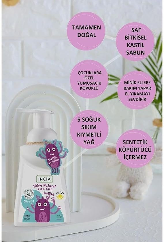INCIA%100 Doğal Köpük Kastil Sabunu Çocuklar İçin Zeytinyağlı 10 Bitkisel Değerli Yağ Vegan 200 ml